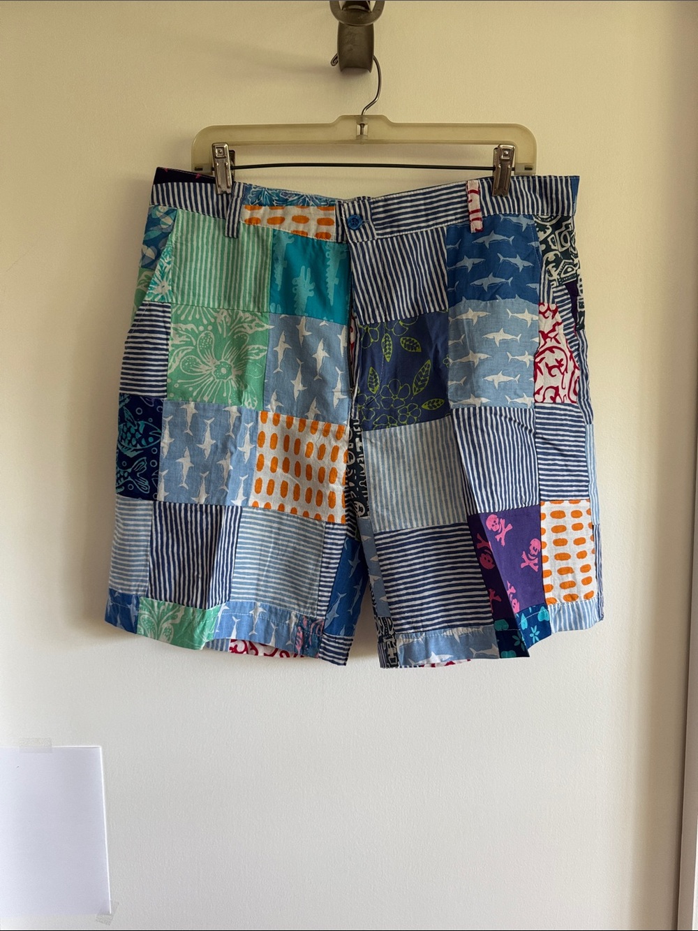 Men's Patchwork Flat Front Shorts - Blue Multi